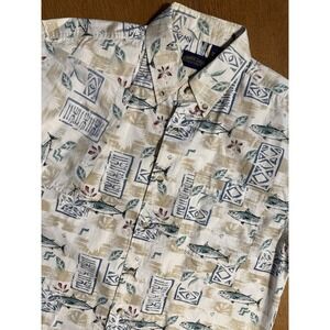Shaver Lake Aloha Button‎ Shirt Mens L 100% Cotton Hawaiian Geometric Fish Print